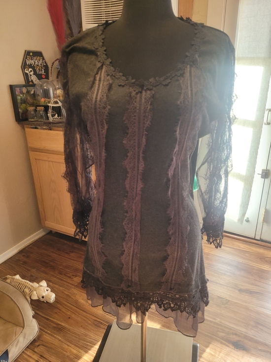 Pretty Angel Tops - Pretty Angel Dark Gray Lace Trimmed Long Sleeve Blouse